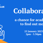 A blue and yellow header for an event called 'Collaborate: a chance for academics to find out more', featuring an illustration of two people sat in chairs having a conversation with each other.