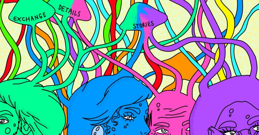 Brightly coloured illustration. At the foot of the illustration there are four people, out of their heads come shoots that are all tangled up. They lead to mushroom type shapes with the words "exchange" "details" and "stories"