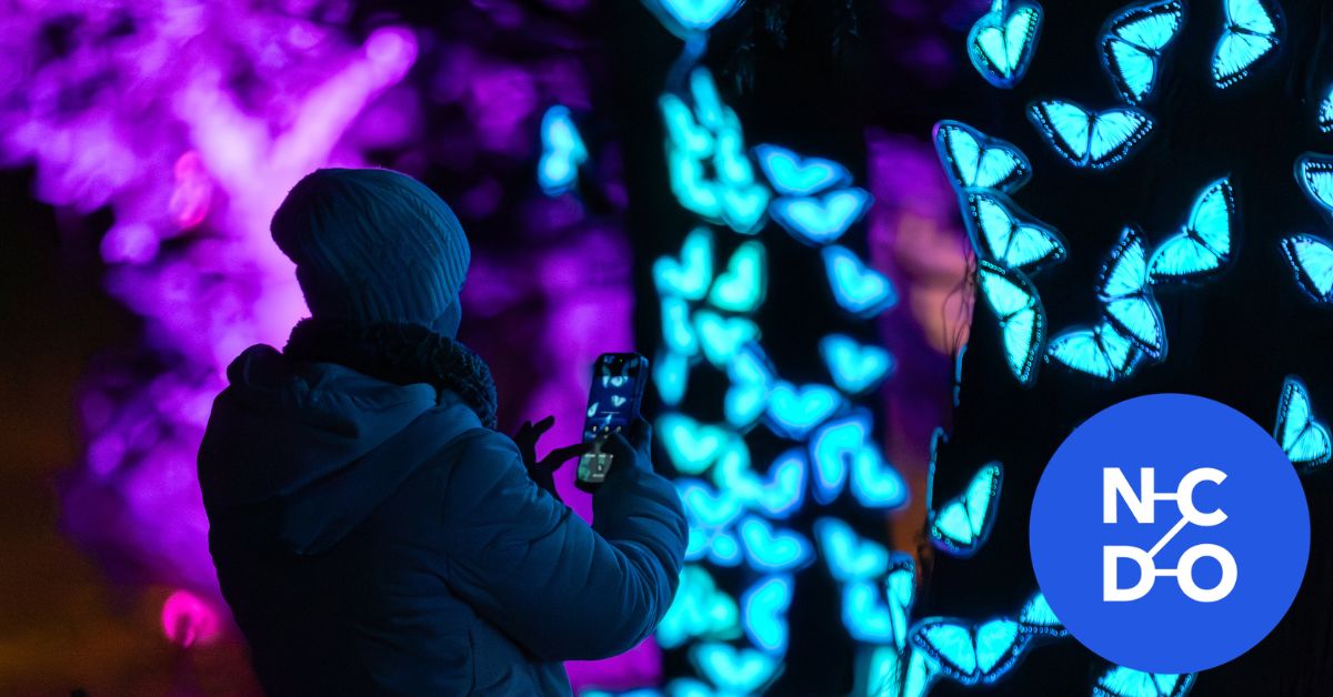 A person in a coat and hat recording a blue light installation on a phone.