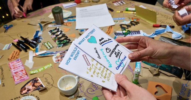 An example of a collage created by participants at a Norwich cultural vitality lab. Someone in the foreground holds two small folded pieces of paper with colourful writing.