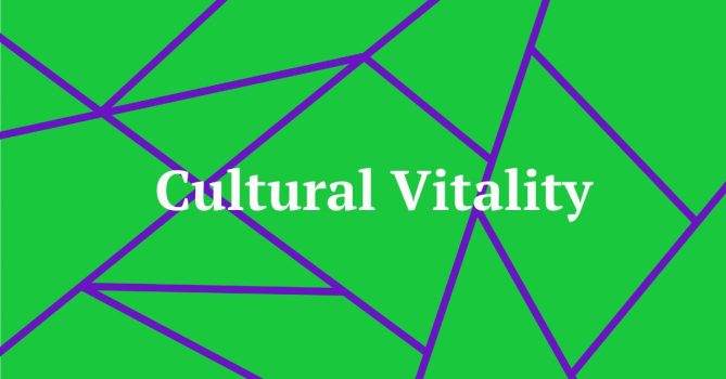 Green background with purple connecting lines. Text reads: Cultural Vitality.